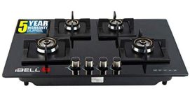 iBELL 590GH Hob, 4 Burner, Toughened Glass Gas Stove with Auto Ignition & Premium Double Ring Forged Brass Burners (Black)